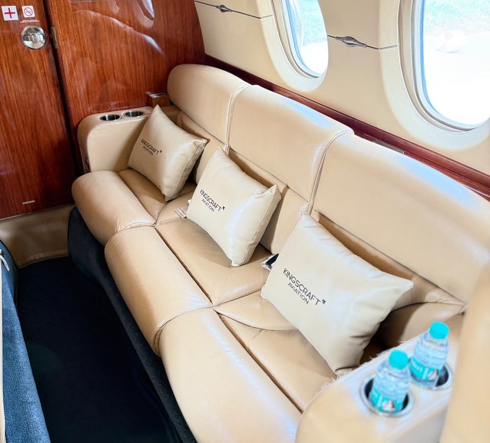 Three-place leather divan in the Hawker 900XP cabin